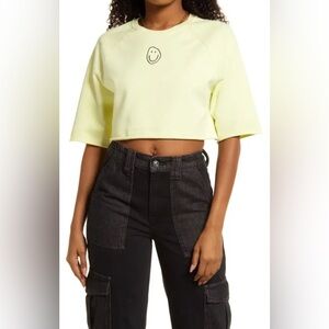 Nordstrom BP. Women's Size Med Crop Top Happy Face Yellow Mid Sleeve Shirt NWT